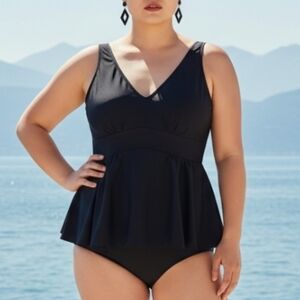 Beach Belle Black One-Piece Swimdress Padded V Neck Size 24